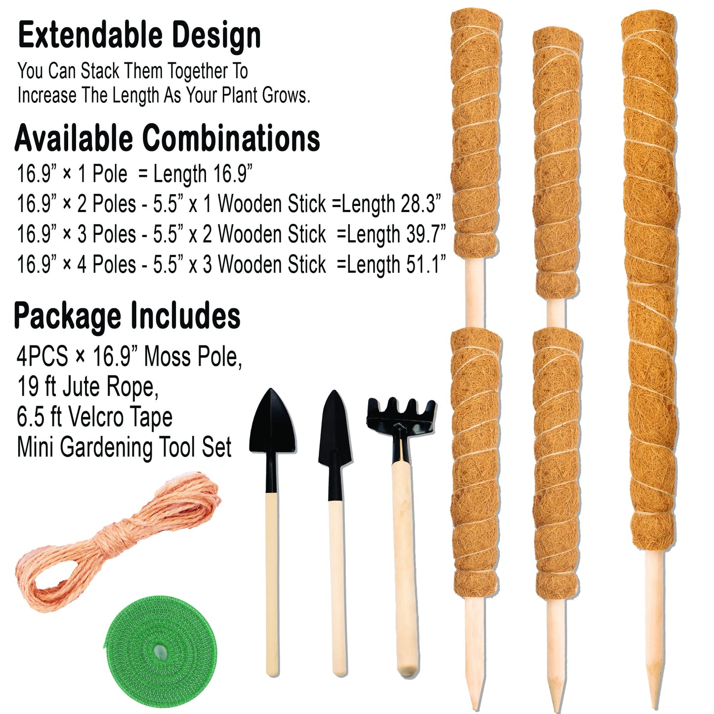 XIRENE 4 Pcs Moss Pole Extending to 51.1 Inches for Plants Monstera, Coco Coir Moss Sticks for Indoor Plants Support Stakes for Climbing Plants Grow Upward with Jute Rope, Tool Set and Hook-Loop Strip