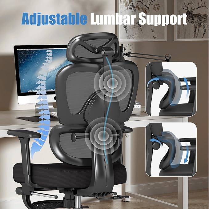 Ergonomic Office Chair with Footrest – Adjustable Lumbar Support, 3D Armrests &