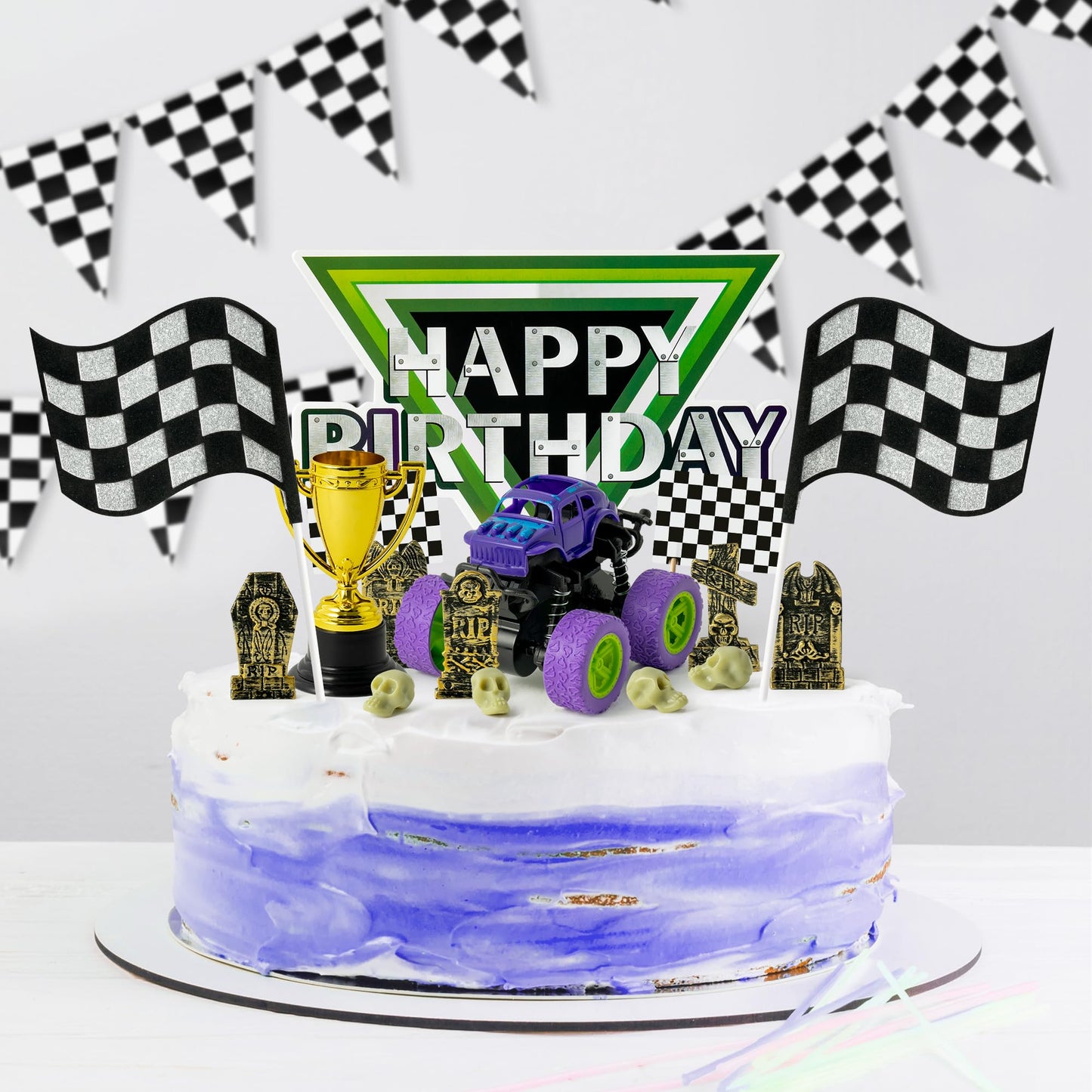 Haooryx Monster Truck Cake Topper - 40Pcs Green and Purple Monster Truck Cake Decoration Racing Car Dessert Cupcake Topper for Kid Boy Birthday Truck Theme Party Baby Shower Table Decoration Supply