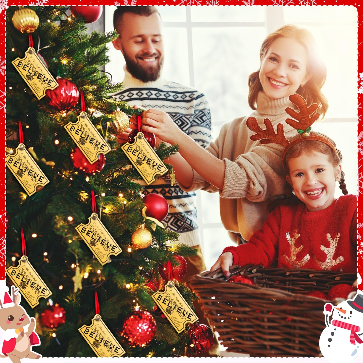 25 Pack Christmas Polar Golden Tickets Bulk Set Include 12 Pcs 4.7" x 2.5" Acrylic Golden Tickets 12 Believe Bells 1 Roll Red Ribbon North Pole Believe Train Ticket Christmas Tree Hanging Ornaments