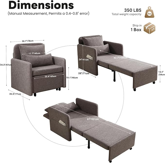 Iroomy 5-Level Adjustable Convertible Sleeper Chair, 3-in-1 Pull Out Sofa Bed