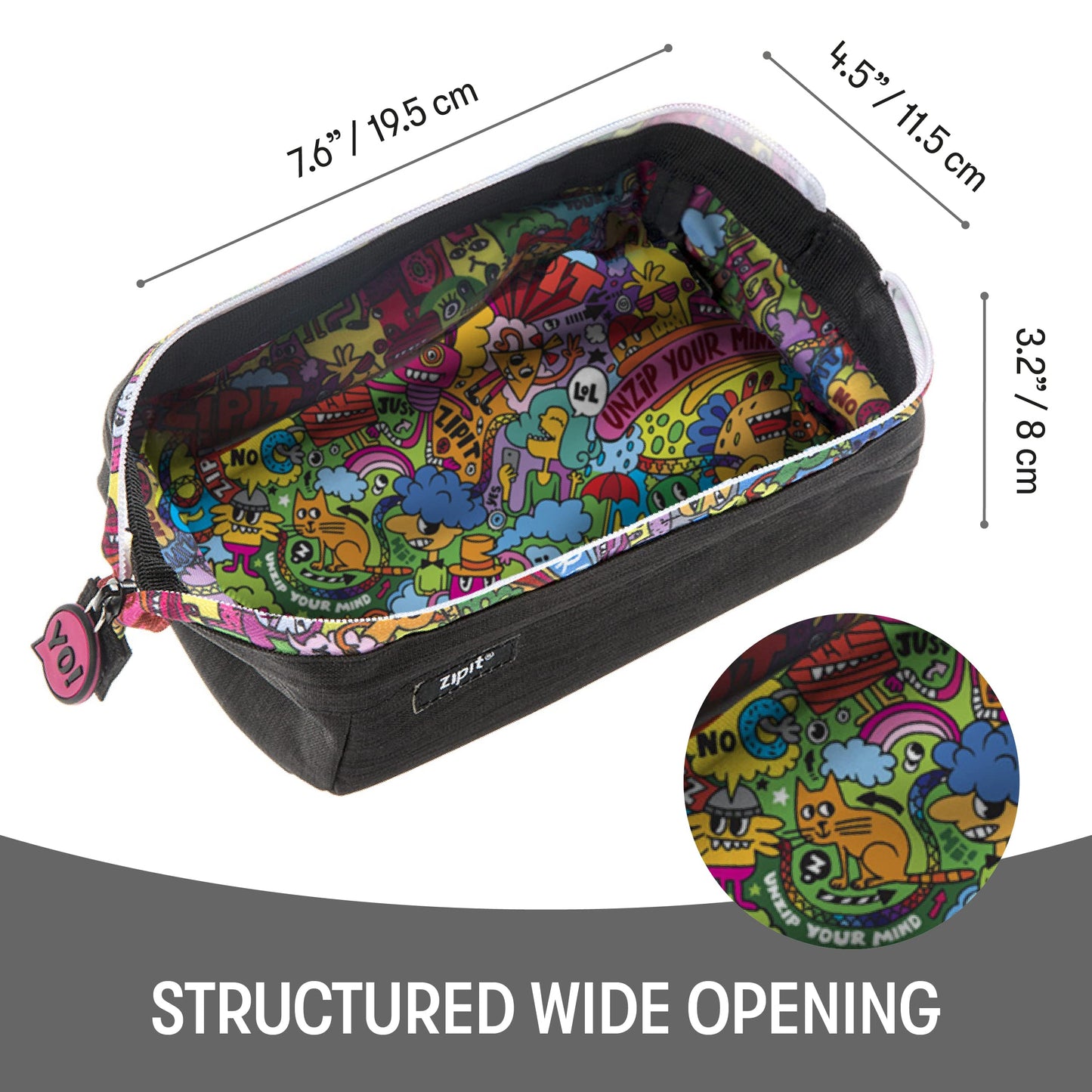 ZIPIT: Lenny Pencil Case - Black & Doodles - Large Storage Capacity Zipper Pouch, Makeup-Stationery Bag, School, Washable Polyester, Kids-Teens-Adults