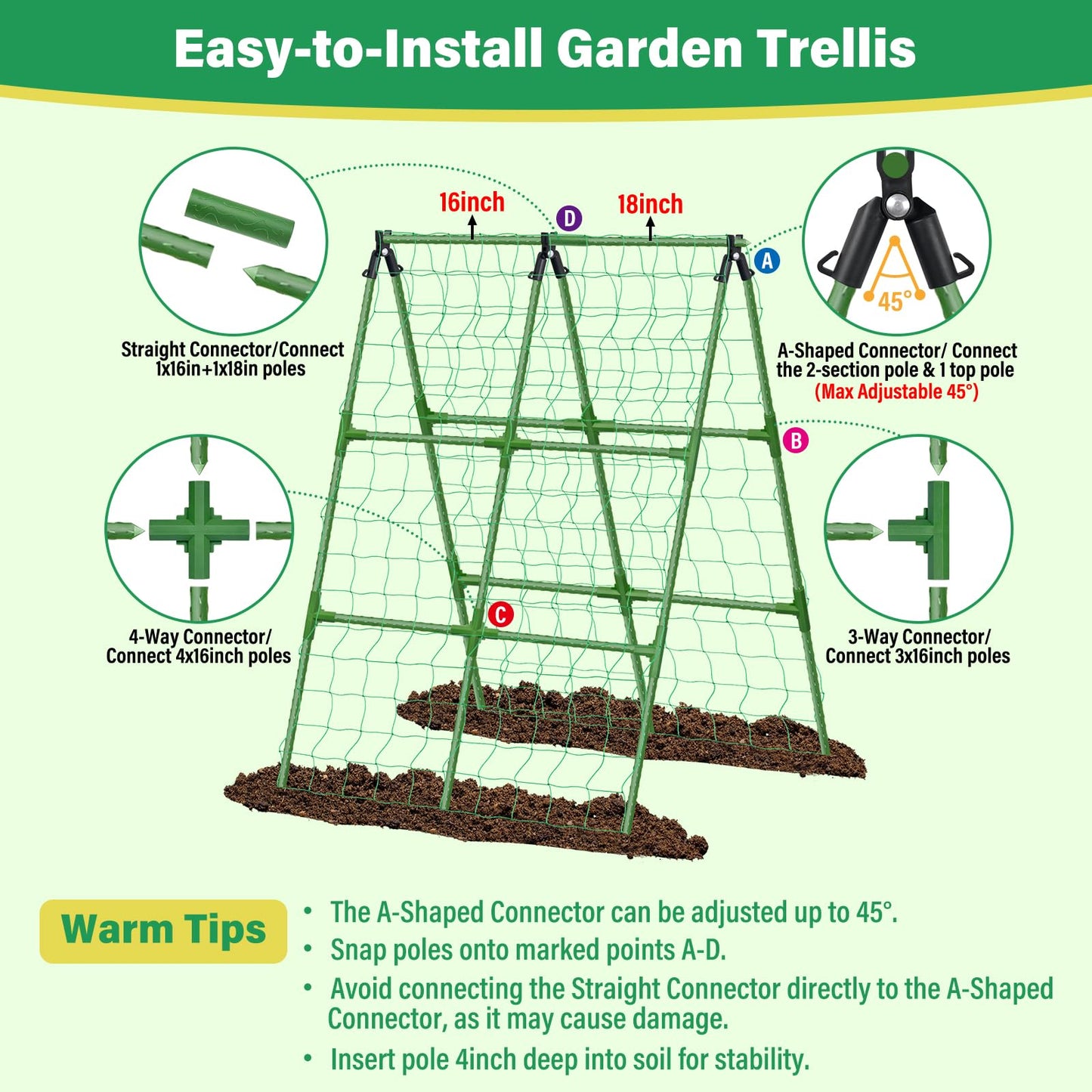 Sunwinx 2Pack 51x35Inch Cucumber Trellis for Raised Bed, Adjustable A-Frame Garden Trellis for Climbing Plants Outdoor with Climbing Net, Meal Plant Trellis for Vegetables Pea Bean Tomato Squash Grape