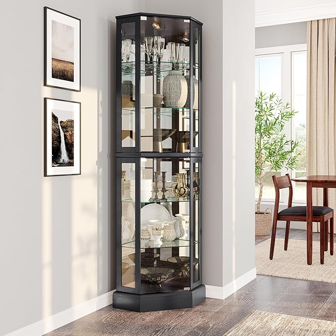 BELLEZE Lighted 3-Side Glass Display Curio Cabinet