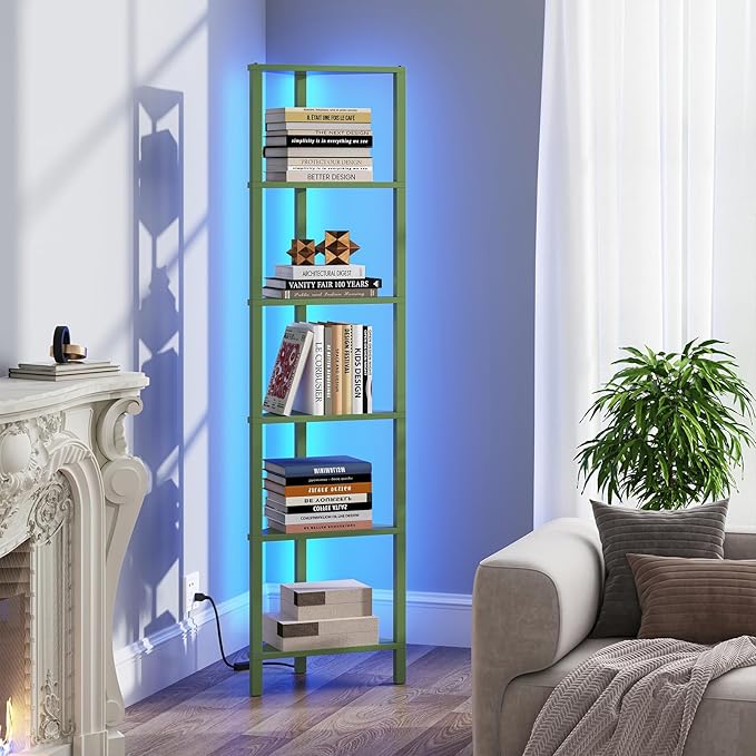 TUTOTAK Corner Shelf with LED Light, 6-Tier Corner Bookshelf
