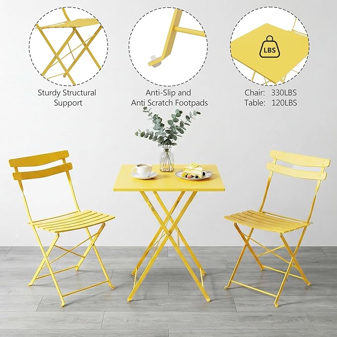 GarveeLife 3 Piece Patio Bistro Set, Folding Patio Bistro Table and Chairs Set