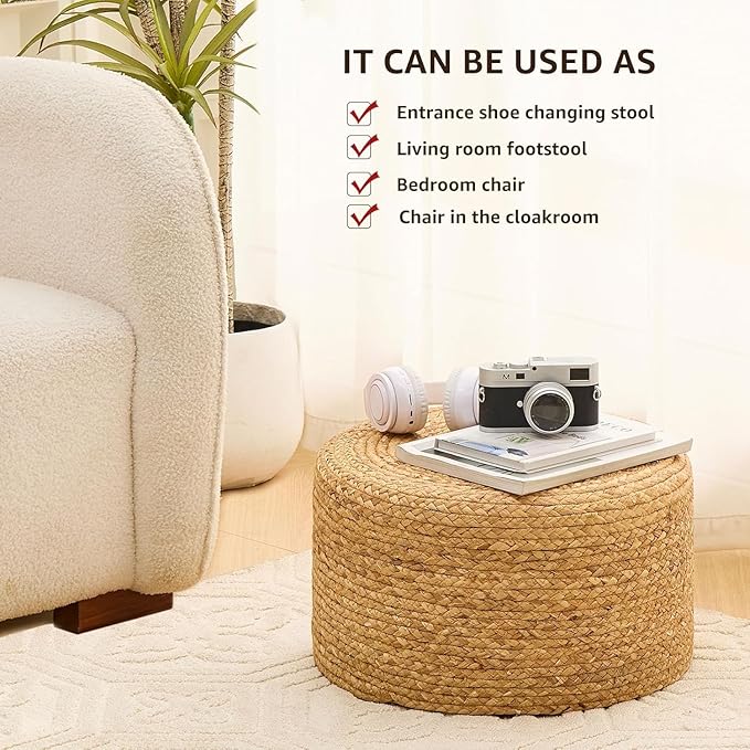Handwoven Seagrass Ottoman Stool — Natural Round Footstool, Eco‑Friendly Accent