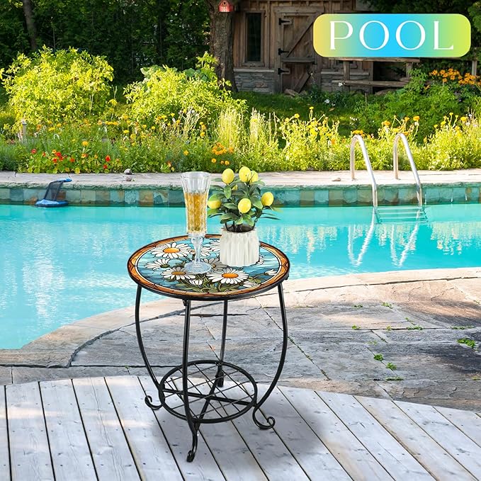 Cinnvoice Outdoor Side Table Round Small Mosaic Patio Accent Indoor End Plant