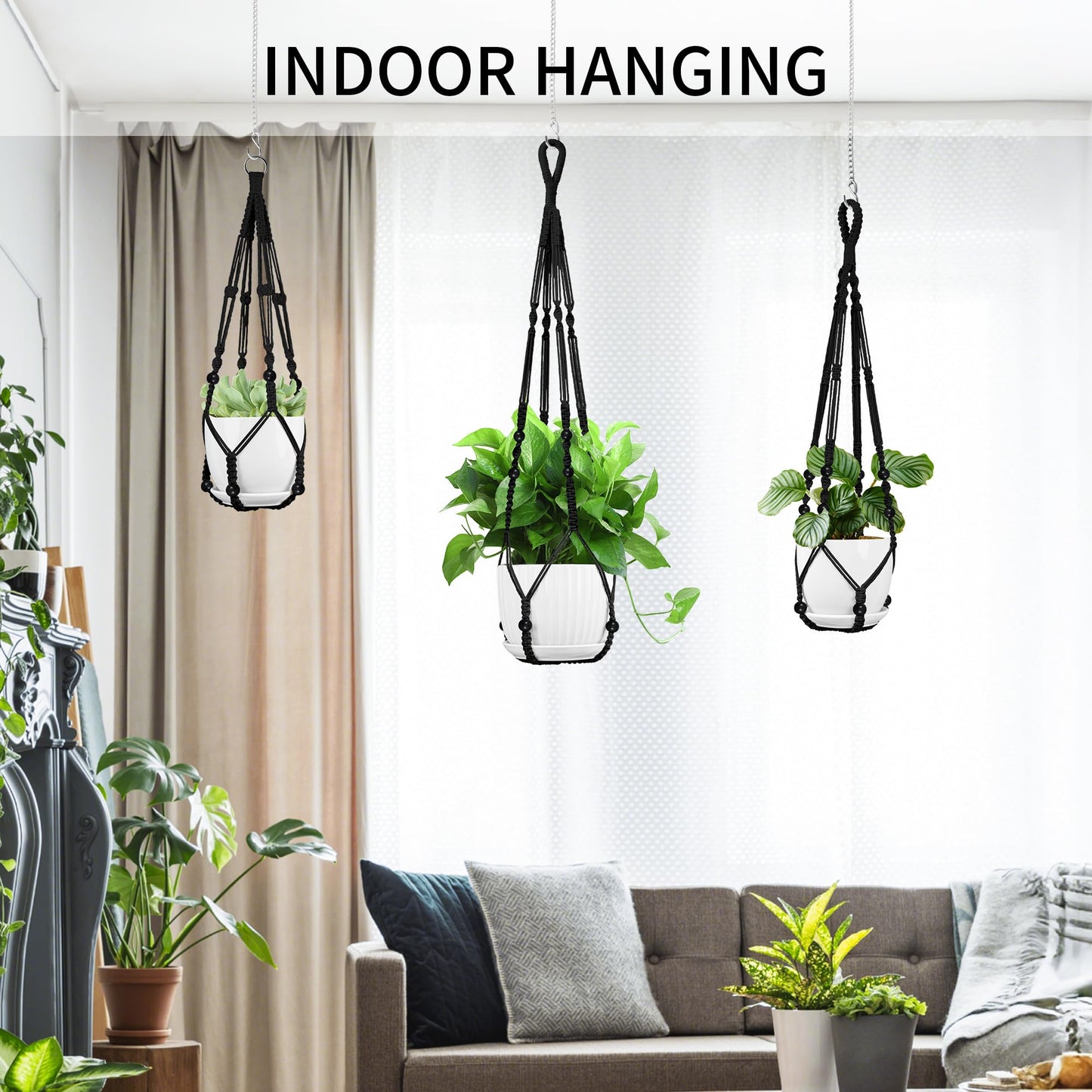 IDEEEPAN Macrame Plant Hanger - Fits 4 to 13 inches Pots for Indoor Outdoor, 35"/29"/23" Different Sizes Set, Black (POTS NOT Included)