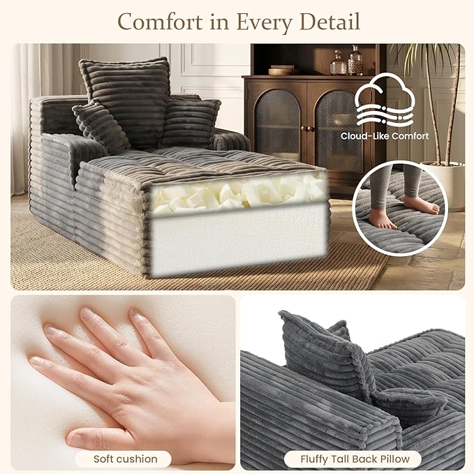 Boneless Chaise Lounge Couch Indoor, Small Corduroy Upholstered Sleeper Sofa