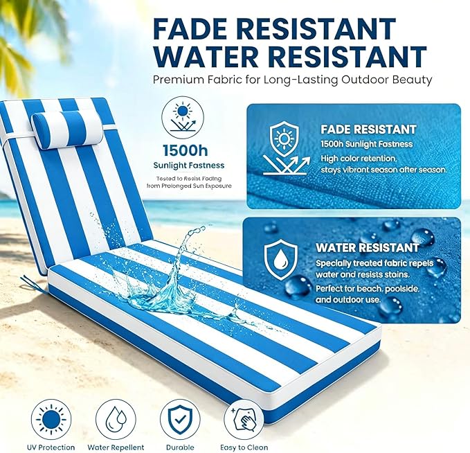 Chaise Lounge Cushion for Outdoor Furniture, Waterproof, Fade-Resistant and
