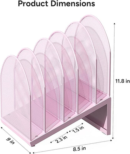 OUTIOE 5-Section Desk File Organizer, Metal Mesh Folder Organizer for Documents, Mail & Office Papers (Pink)