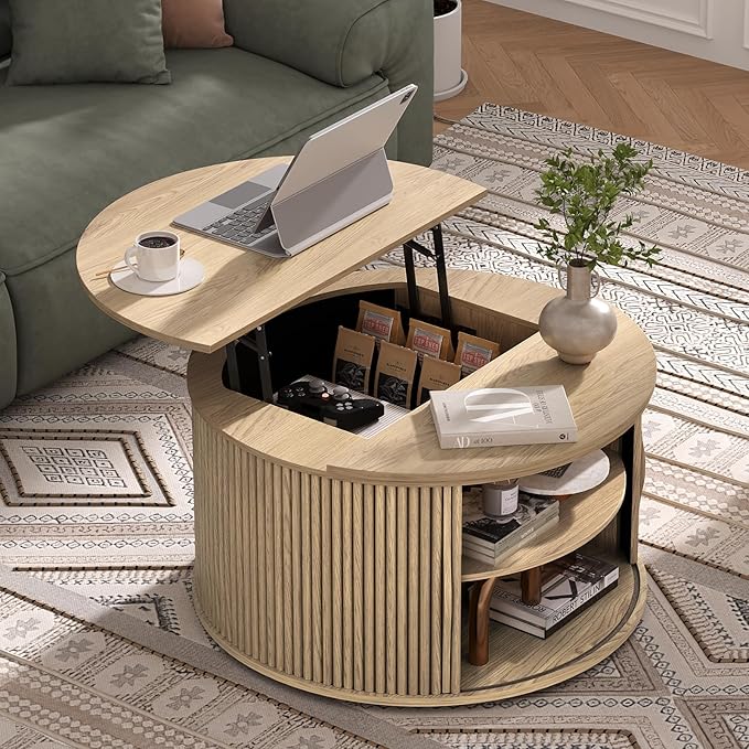 JOINICE 31.5" Round Lift Top Coffee Table, Natural Oak Modern Fluted Drum