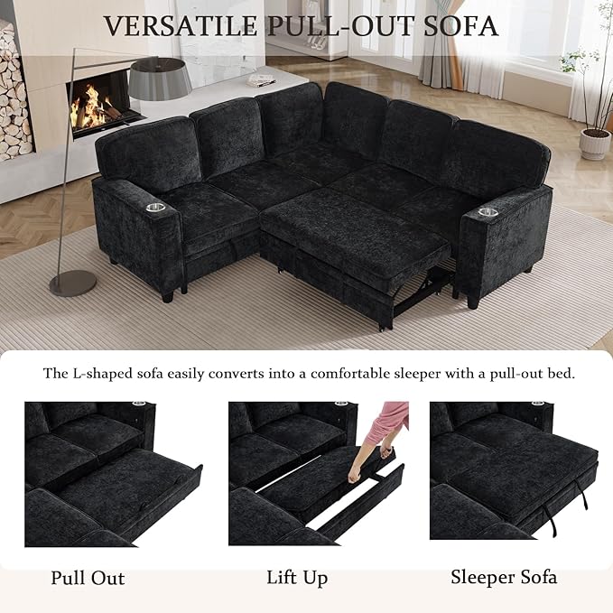 L-Shaped Sectional Couch with Storage and Pull Out Bed, Convertible Sofa Bed