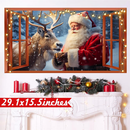 Merry Christmas Wall Decals Removable Santa Claus Reindeer Art Murals for Christmas Home Indoor Outdoor Decoration Fake Window Winter Wall Decal Xmas Vinyl Sticker for Farmhouse Holiday Party Supplies