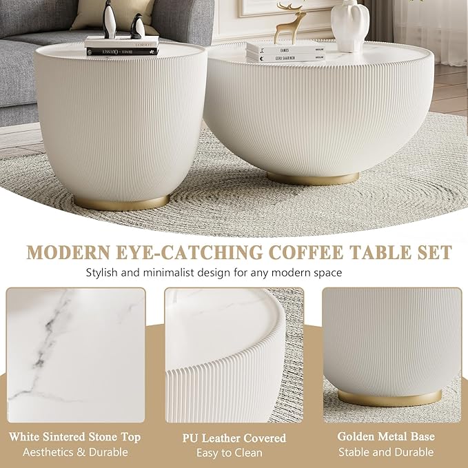 Round Marble Coffee Table Set of 2, 2 Piece White Coffee Table and End Table