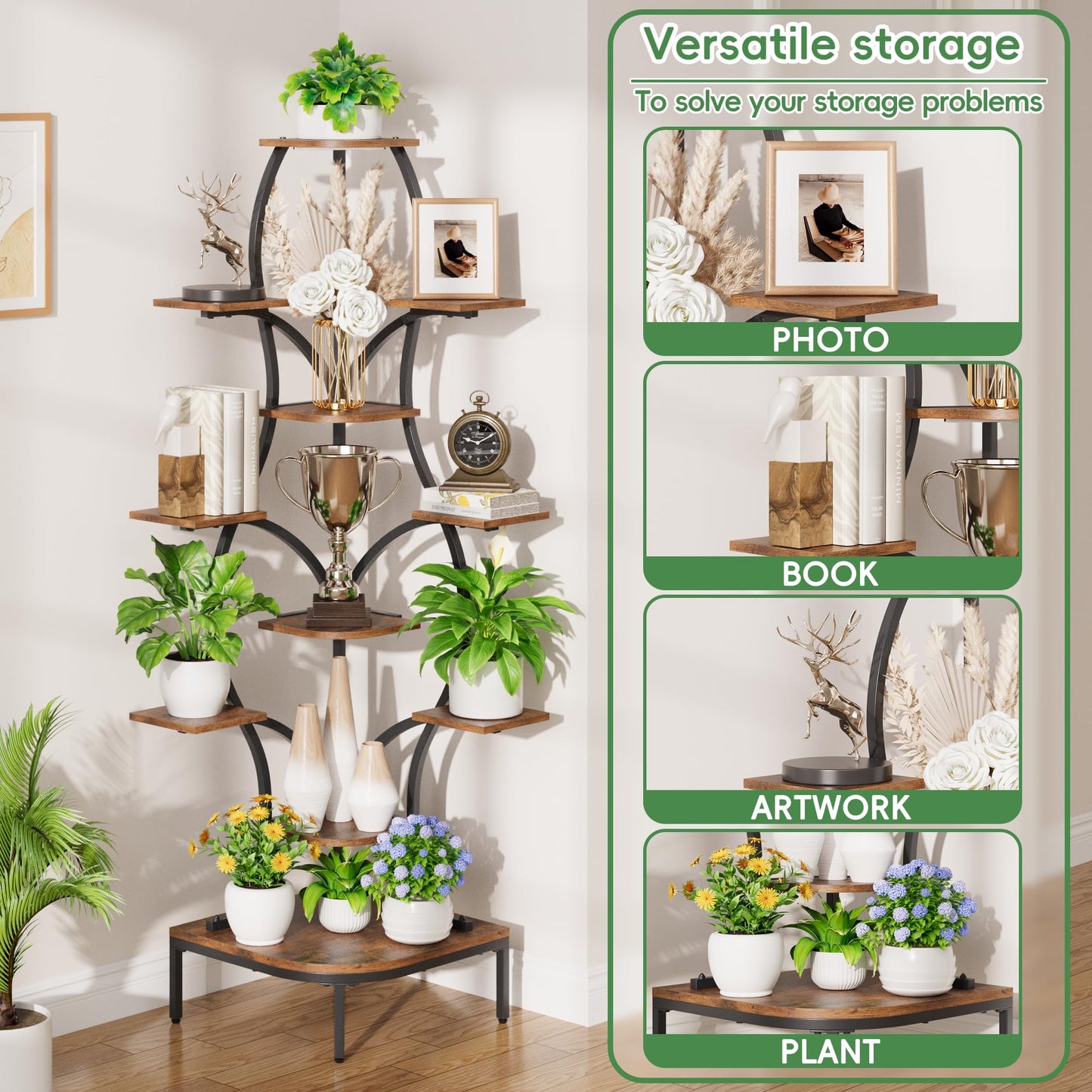 LATIBELL 72'' Tall Corner Plant Stand Indoor with Grow Light - 11 Tiered Metal Plant Shelf for Indoor Plants, Curved Display Rack Capable of Holding Large Pots in Living Room, Patio & Balcony, Black