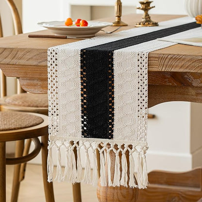 FEXIA Boho Table Runner for Summer Home Decor with Tassels 72 Inches Long Farmhouse Rustic Black Gothic Table Runner Macrame Gothic Burlap Table Decoration for Kitchen Living Room (12x72 Inches)