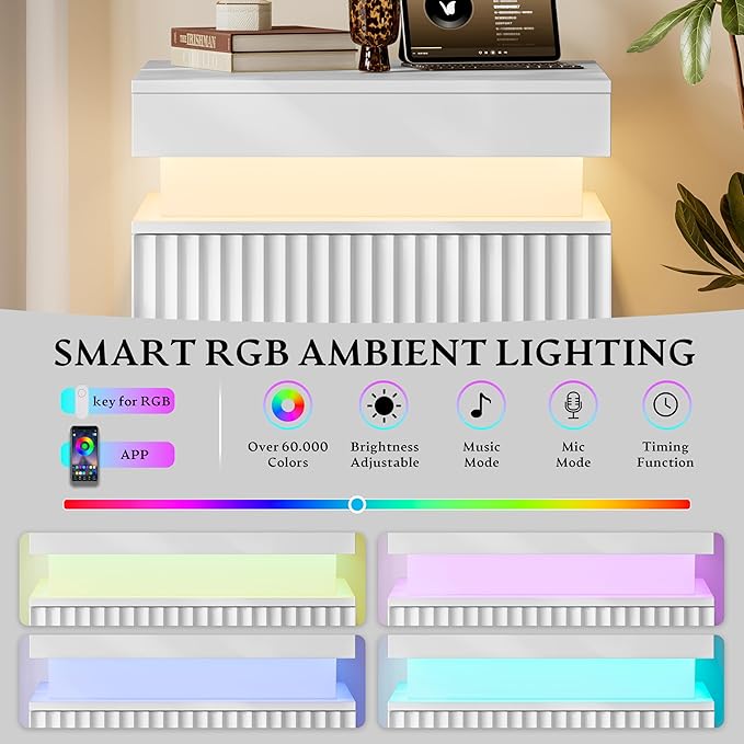 Xixini Nightstand with Charging Station and LED Lights, Fluted Night Stand with