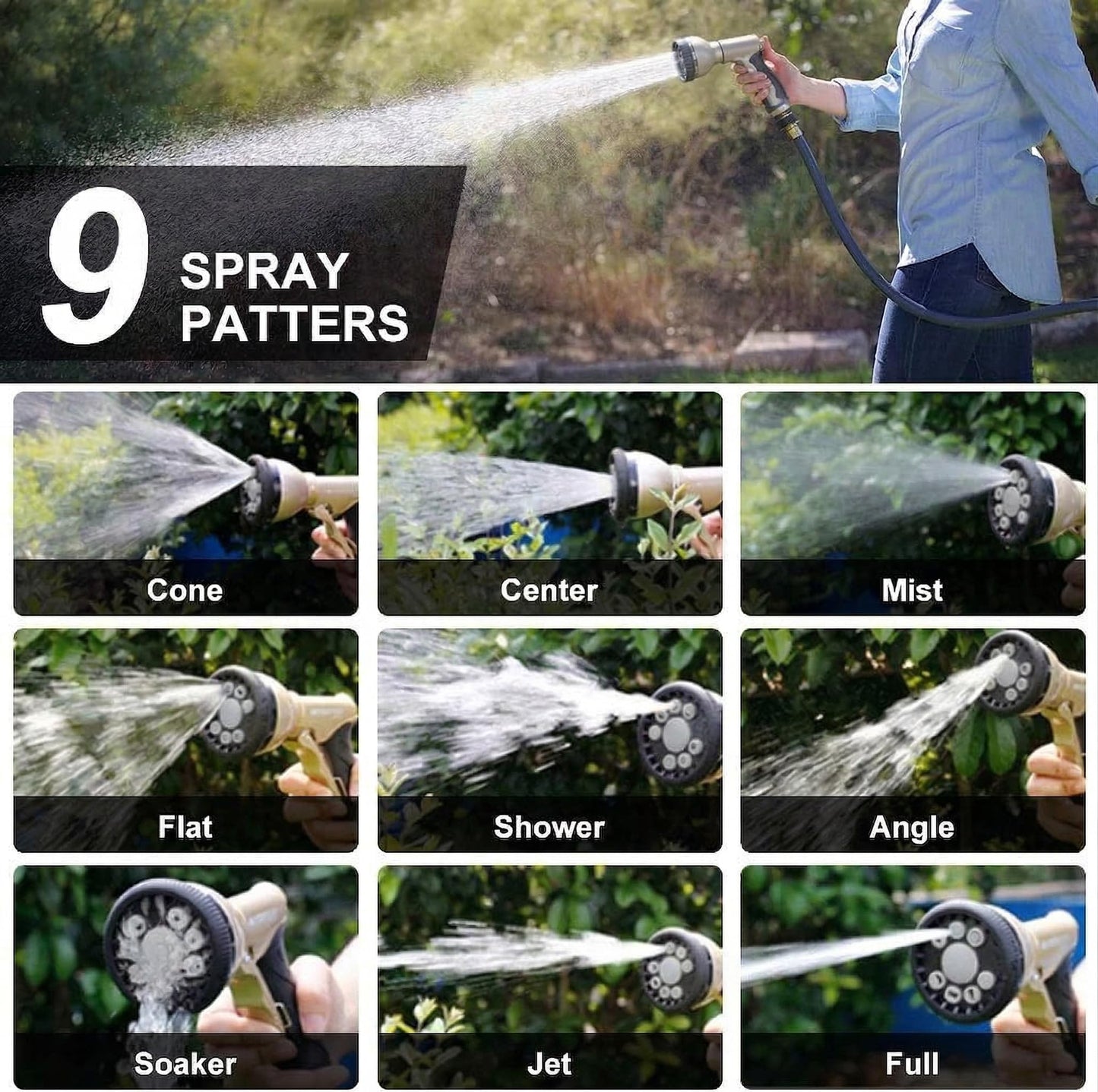 Garden Hose Nozzles 9 Adjustable Patterns Hose Spray Nozzle Heavy Duty Metal Hose Nozzle Spray Slip Resistant Water Sprayer for Cleaning/Watering Lawn Garden/Pets Shower/Car Washing (Gray)