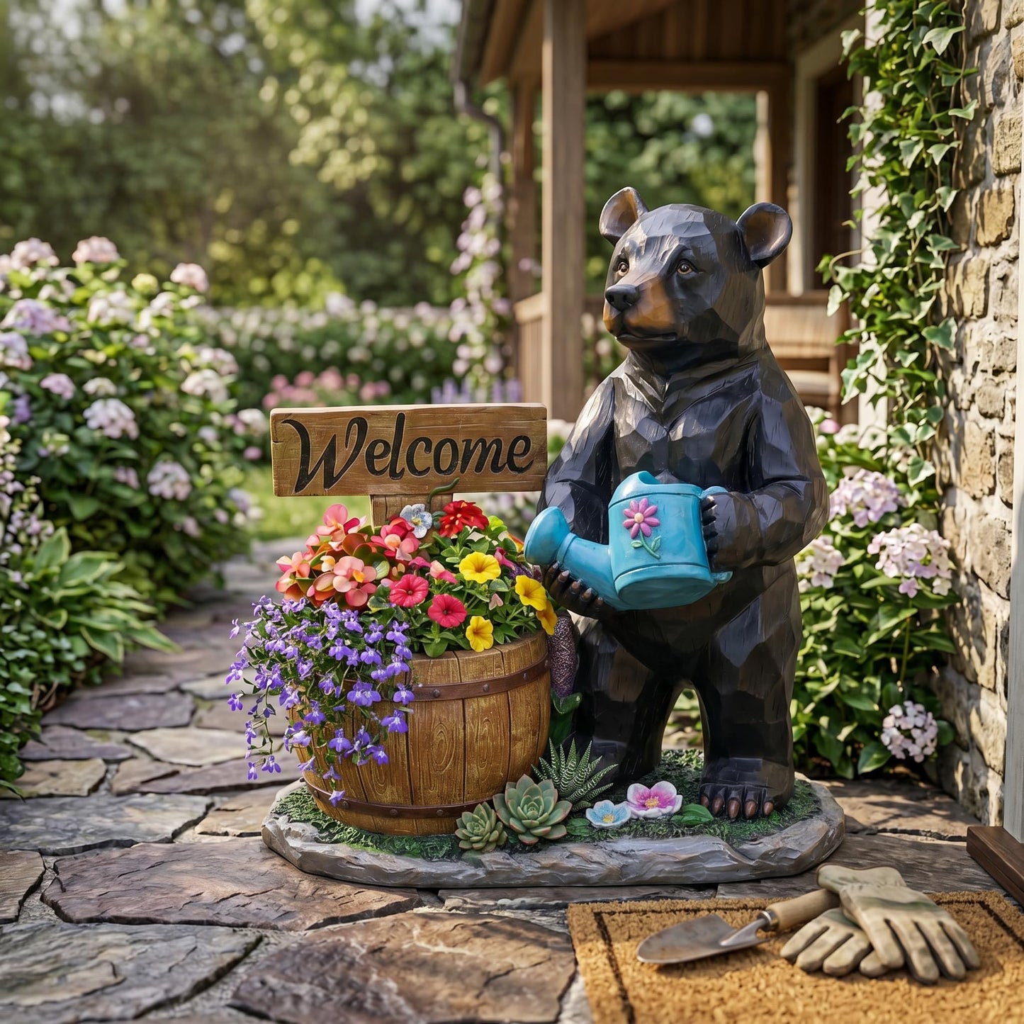 elesculor Black Bear Garden Statue Planter with Welcome Sign & Watering Can, Resin Outdoor Flower Pot, Decorative Animal Planter for Patio, Yard, Lawn, Cabin Decor