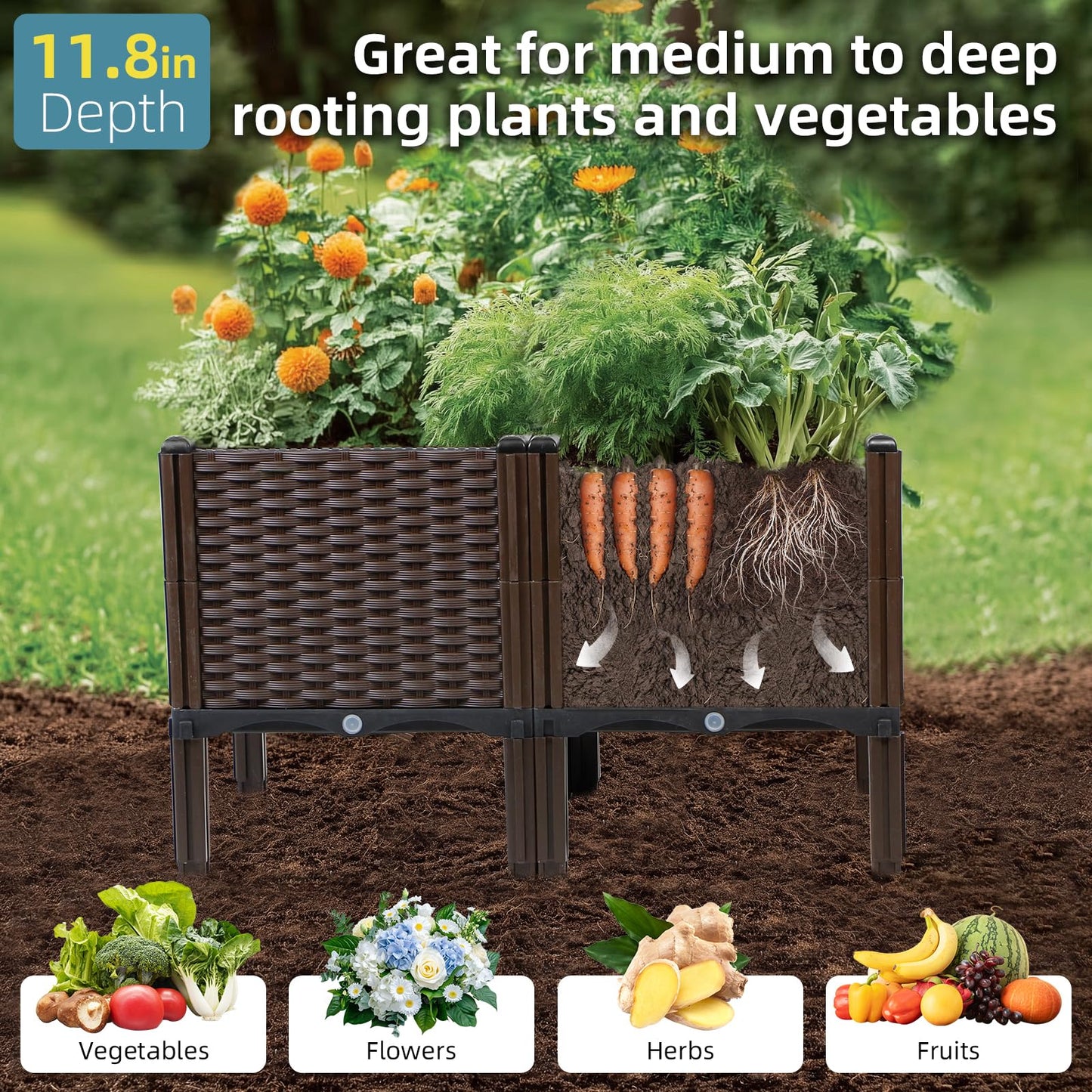 Rattan Raised Garden Bed with Legs-Rectangular Elevated Deep Planters for Outdoor Plants, Self Watering Planter Box 32"L x 16"W x 20"H, Rectangular Deep Garden Bed for Vegetables, Flowers, Herbs