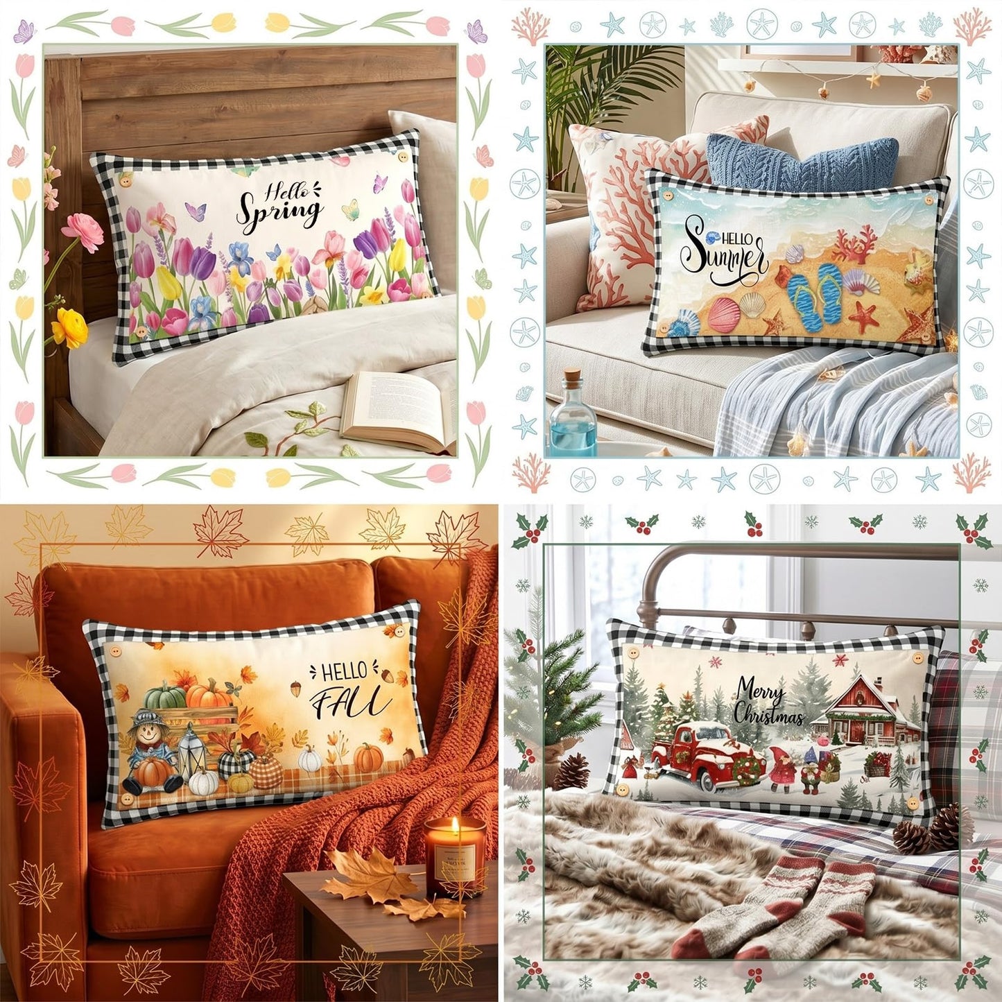 Chicplaid 4th of July Throw Pillow Cover Set 12 x 20 Inch Rectangle Seasonal Holiday Plaid Pillowcase with 12 Interchangeable Pillow Panels Patriotic Lumbar Cushion Cover for Home Decor(Classic)