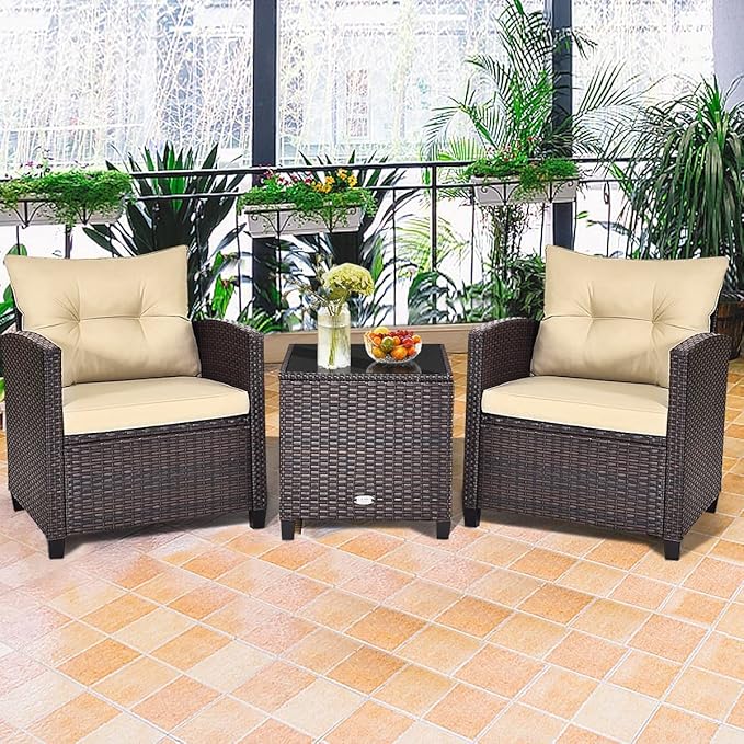 HAPPYGRILL 3 Pieces Patio Conversation Set, Outdoor Furniture Set PE Rattan