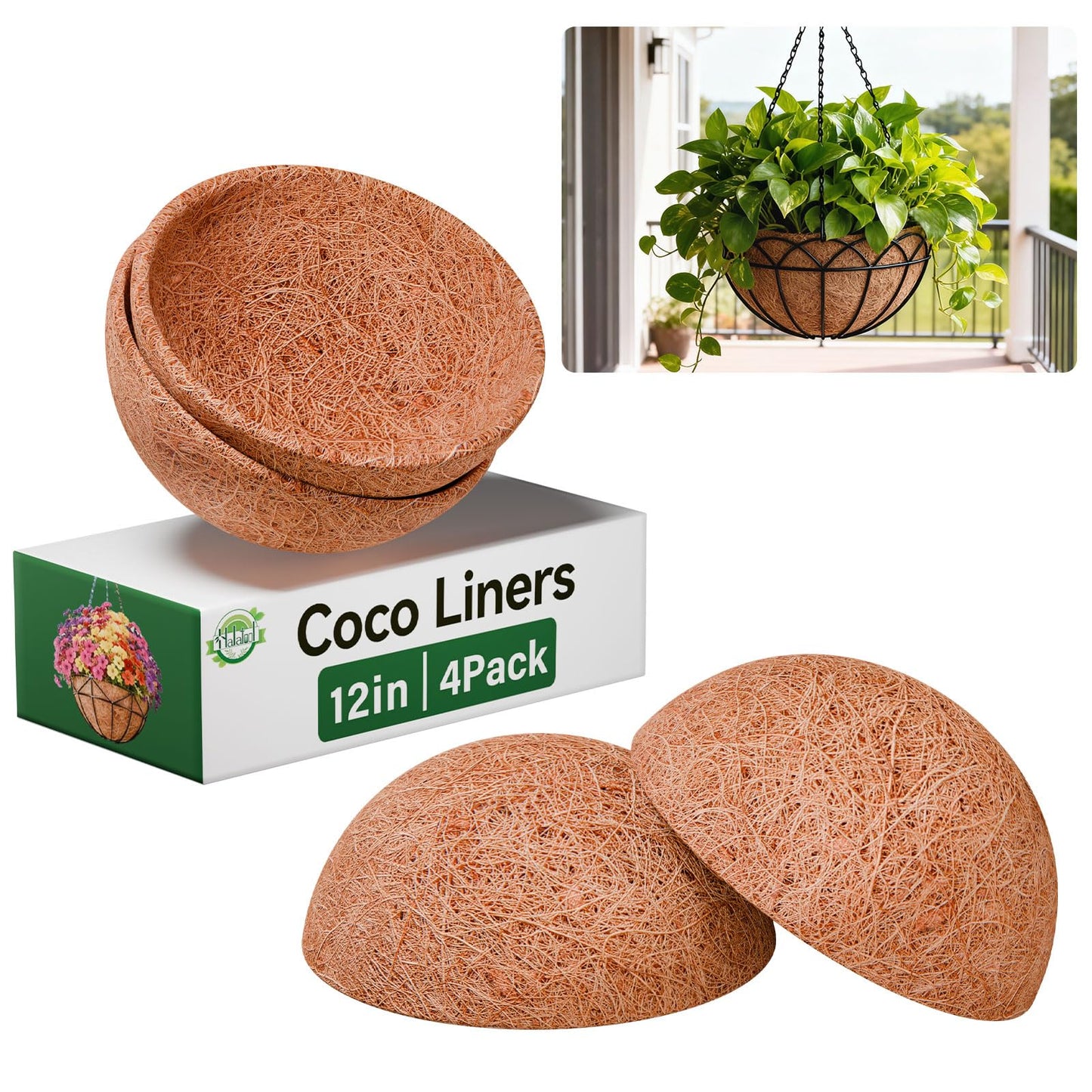 Halatool 4 Pack 12 Inch Coco Liners Natural Coconut Liners for Planters Round Coco Coir Hanging Basket Liner for Flowers Vegetables