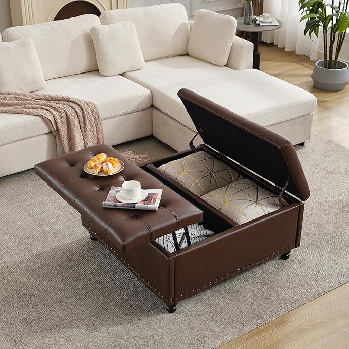Tbfit Large Square Storage Ottoman Bench, Tufted Upholstered Coffee Table