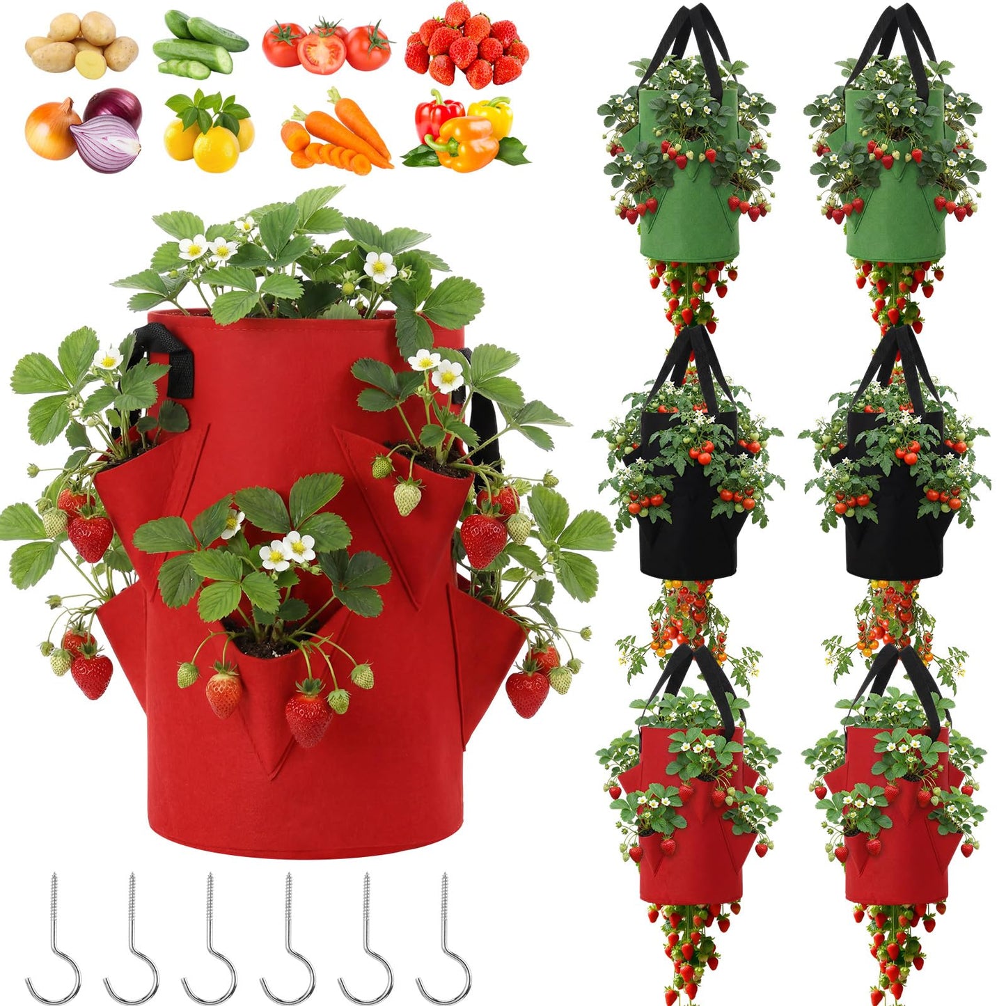 SATINIOR 6 Pack Upside Down Tomato Herb Planter 3 Gallon Hanging Grow Bags Outdoor Strawberry Planters with 6 Planting Holes and 1 Bottom Zipper Grow Bags with Hooks for House Vegetable Gardening