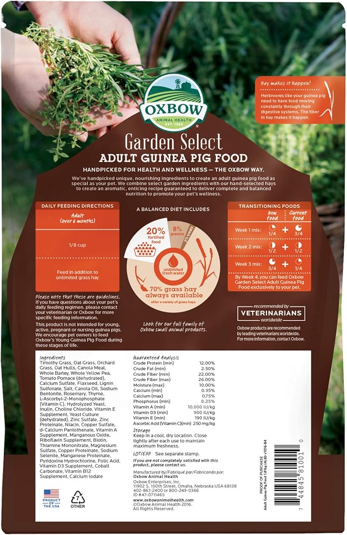 Oxbow Garden Select Adult Guinea Pig Food, Timothy Hay Guinea Pig Pellets, High Fiber for Digestive Health, Vitamin & Mineral Pet Food Pellets, Small Pet Products, Made in USA, 4 lb Bag