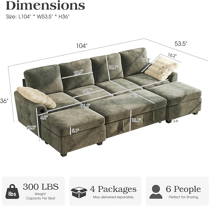 Ihanherry L-Shaped Sectional Sofa Bed, 6-Seater Convertible Pull Out Sleeper