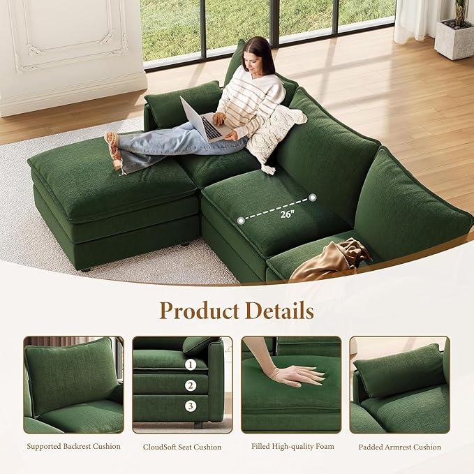 Vesgantti 108" U Shaped Sectional Couch, Comfy Cloud Modular Sectional Sofa