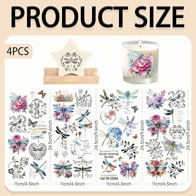 4 Sheets Rub on Transfers for Crafts, Dragonflies Furniture Transfers for Wood