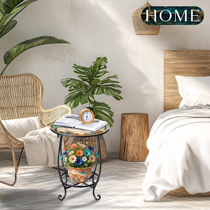 Cinnvoice Outdoor Side Table Round Small Mosaic Patio Accent Indoor End Plant