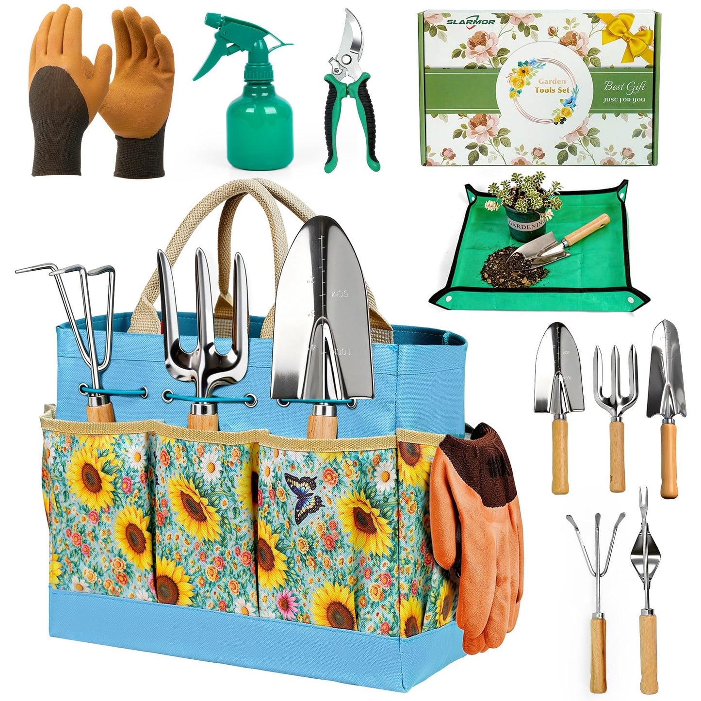 Garden Tool Set, 10 PCS Gardening Essentials, Stainless Steel Garden Hand Tools with Tote Bag, Well-Designed Gardening Supplies Kit Gifts for Women Men Gardeners