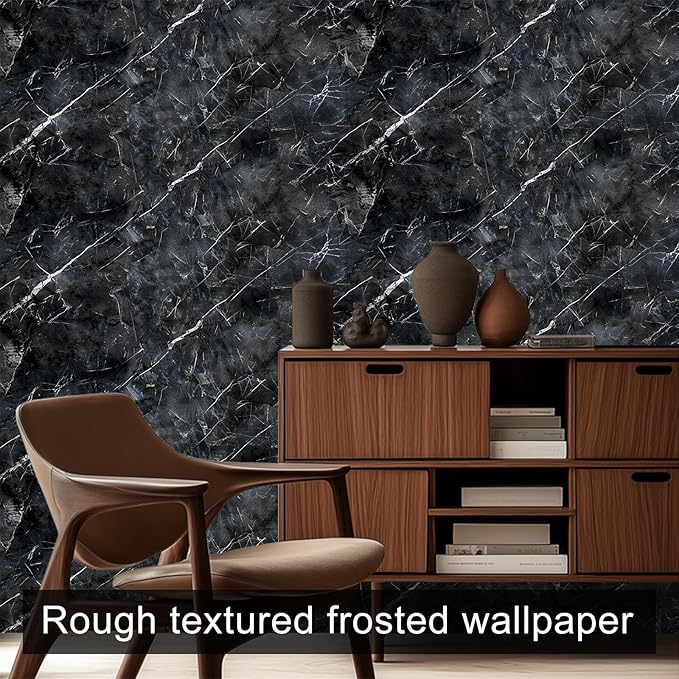 HOMETITUTE Black Marble Wallpaper Peel and Stick Dark Stone Pattern 118.1x17.7