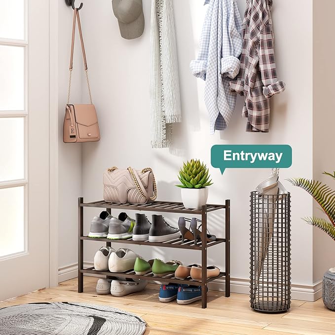 viewcare Shoe Rack for Closet, 3-Tier Bamboo Wood Shoe Racks, Stackable |