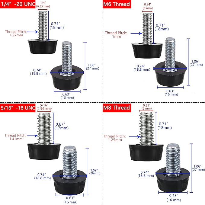 M6 Thread Adjustable Furniture Levelers Screw in Threaded  ,