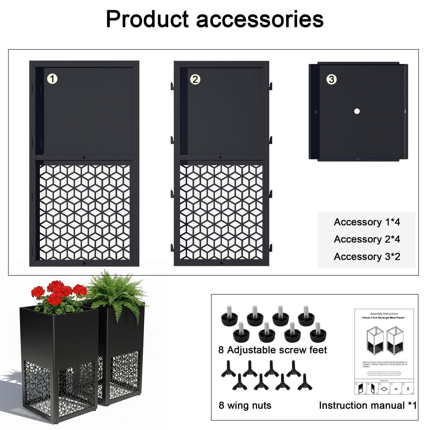 Vrtizalv 2 Pack Tall Metal Planter Box for Outdoor Plants 16" L x 16" W x 30" H, Heavy Duty Tall Rounded Corner Spliced Hollowed-Out Design Planter for Porch, Garden, Patio, Yard Outdoor Plants