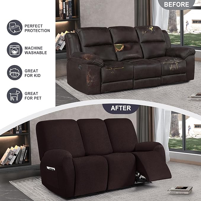 ANARACHON Leather Look Recliner Couch Cover, 8-Pieces Stretch Recliner Sofa