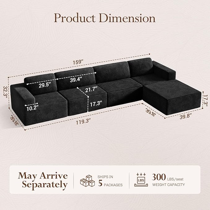 Vesgantti 159" Large Modular Sectional Sofa, L-Shaped Corduroy Cloud Couch