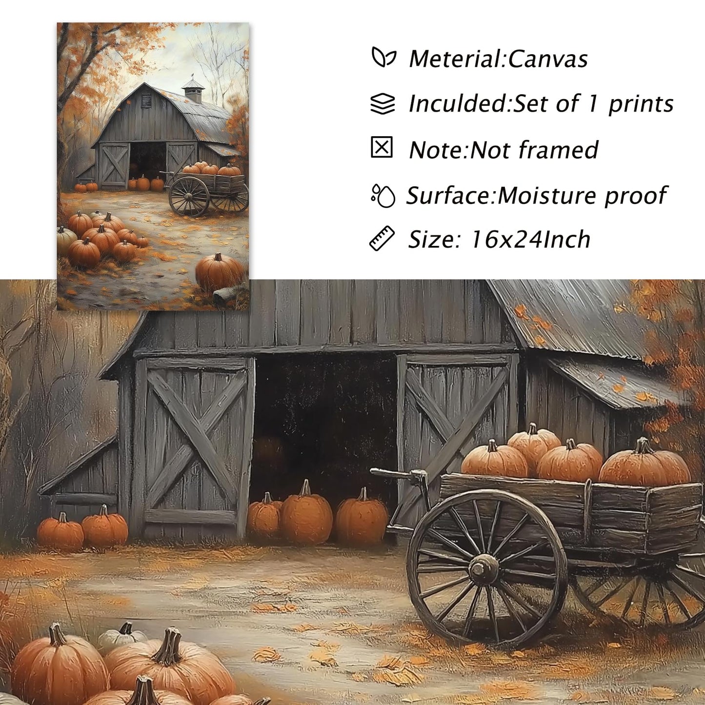 Pumpkin Wall Art Halloween Autumn Canvas Vintage Barn Wall Art Autumn Farmhouse Picture Fall Pumpkins Prints Vintage Halloween Poster Farmhouse Landscape Canvas 24x16inch Frameless