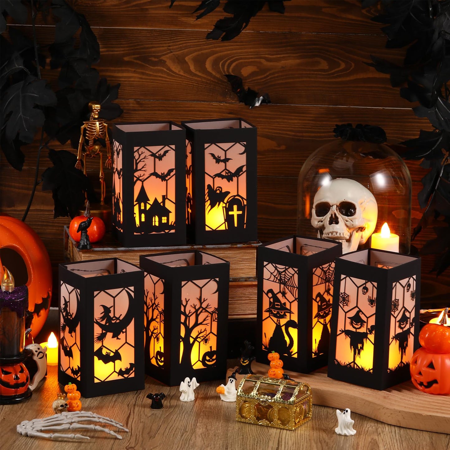 Riakrum 6 Pcs Halloween Table Decorations Table Centerpieces Boxes with Battery Operated Candle Holders Ghost Spiders Bat Silhouette Sketch Paper Lantern Boxes for Movie Night Party (Yellow Light)