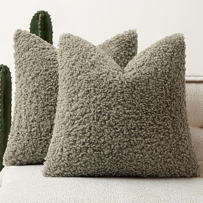Faux Fur Throw Pillow Covers 18x18 Inch Set of 2 Boucle Neutral Decorative