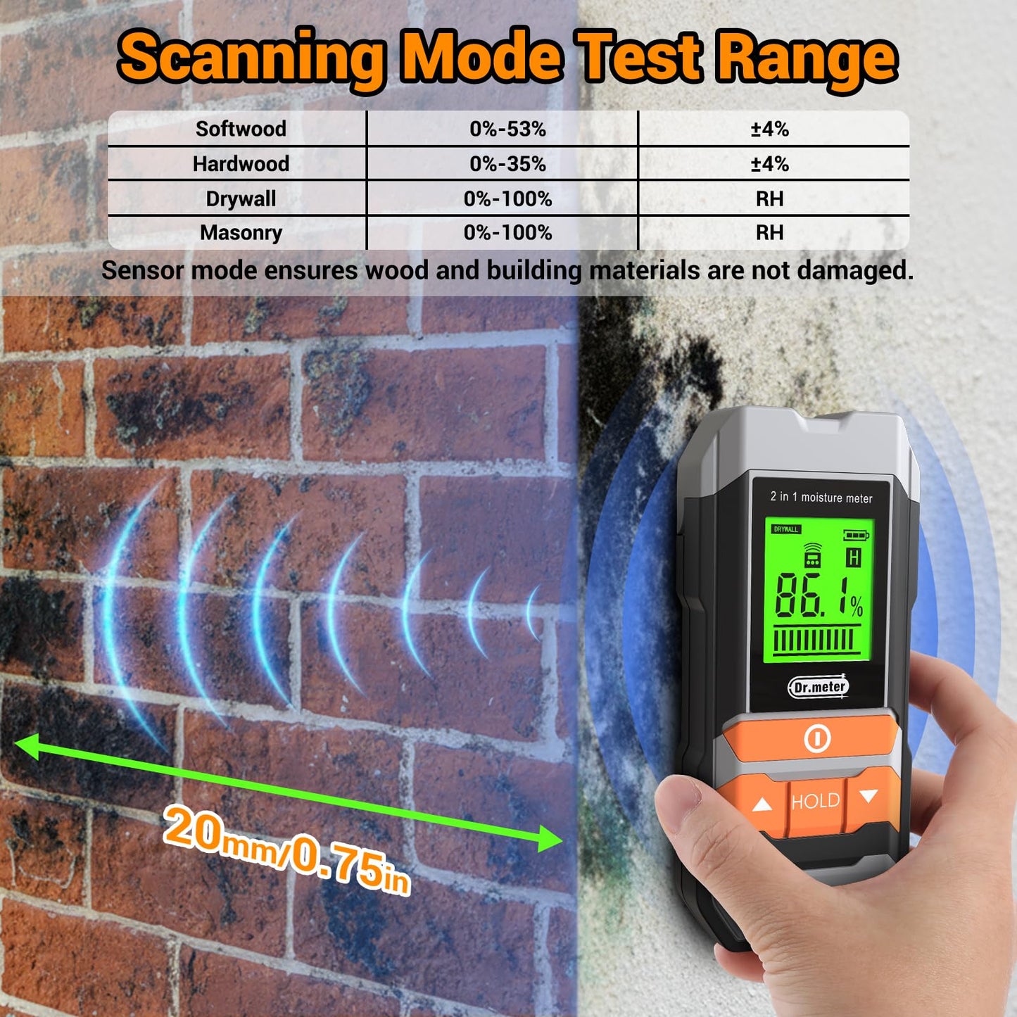 Wood Moisture Meter, 2 in 1 Pin & Pinless Moisture Tester, Digital Humidity Sensor Detector for Wood Firewood Drywall Floor Woodworking, Water Leak Detector for Building Home