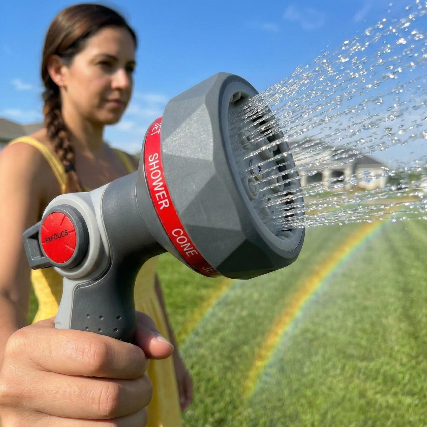 FXFOUCS Garden Hose Nozzle Sprayer-This High Heavy-Duty Spray Nozzle Offer 9 Watering Patterns for Watering Plants,Lawns &Gardens,Washing Cars,Household Cleaning and Showering Pets (Red-black)