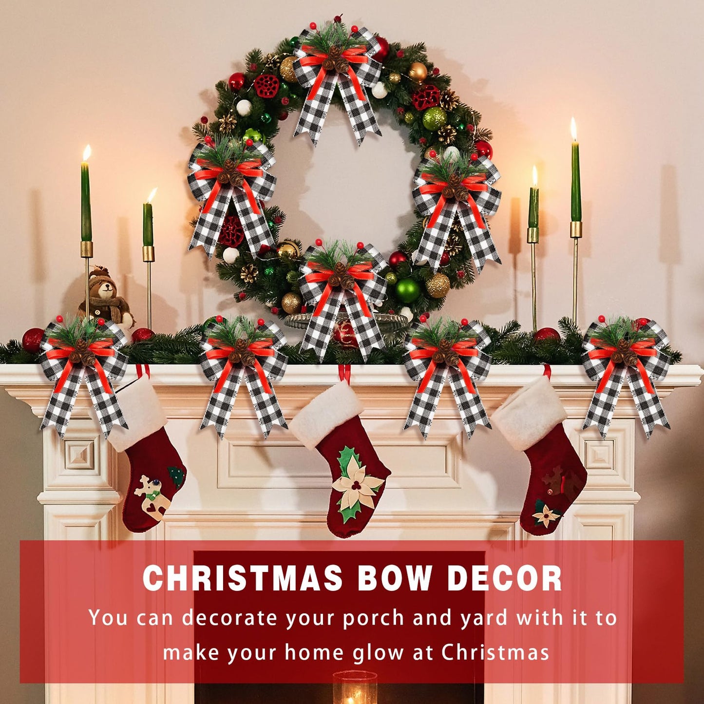 Syhood 6 Pcs Christmas Bows with Pine Cones Pine Needles Xmas Plaid Bows Black White Ribbon Christmas Tree Wreath Decoration for Xmas Parties Indoor Outdoor Crafts DIY Decor