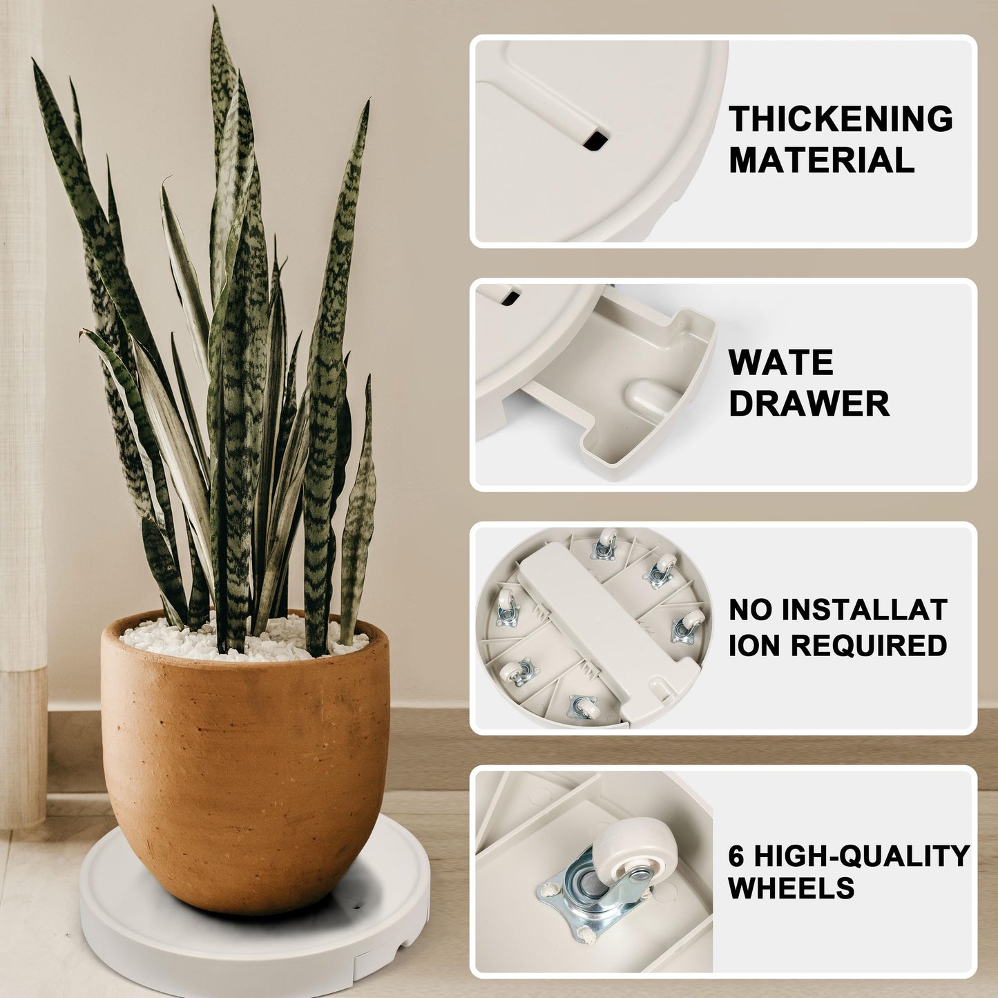 AMKOSKR 15.7 inch Plant Caddy with Wheels Heavy Duty, Movable Round Rolling Plant Stand Plant Dolly with Invisible Wheels and Water Drawer